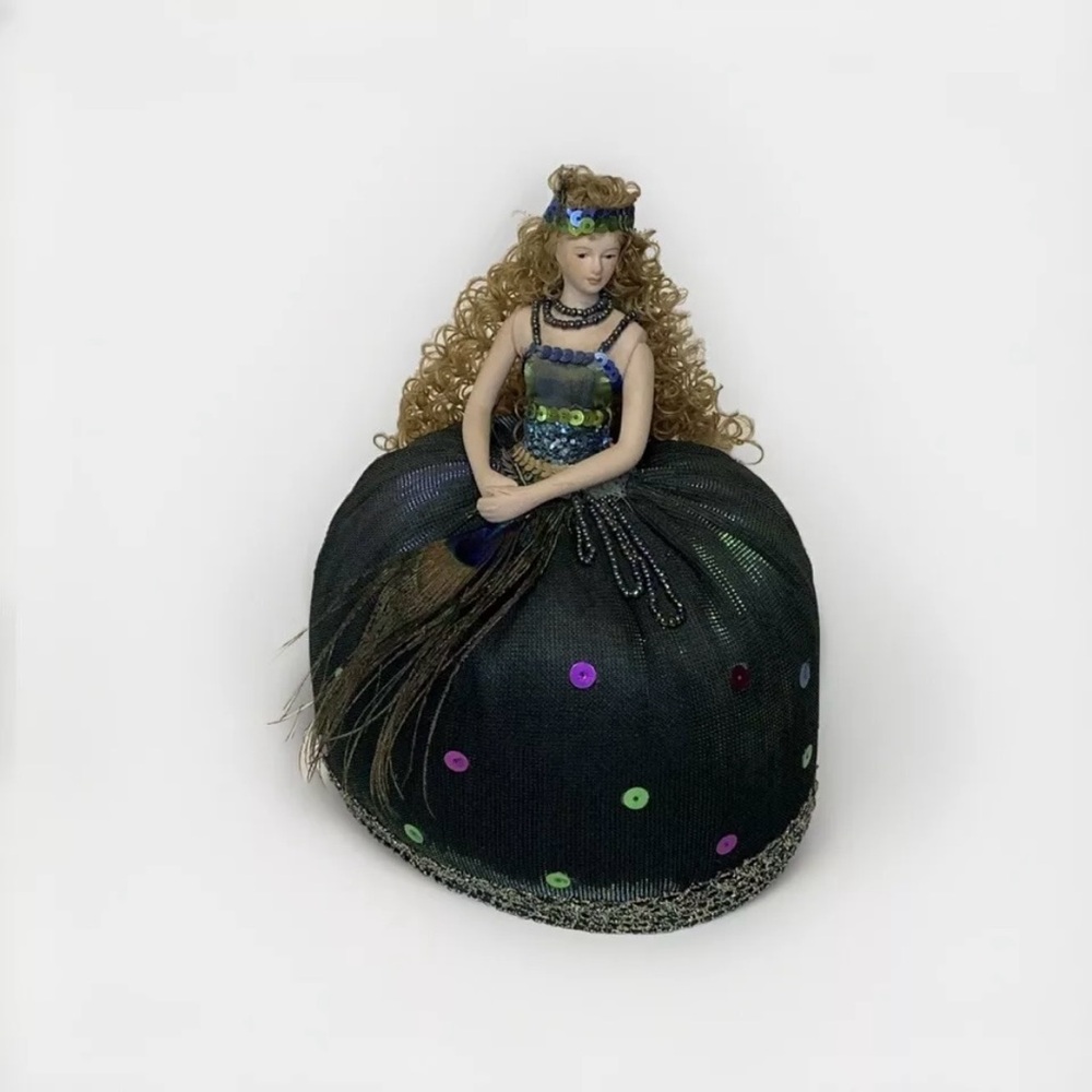 Vintage Bisque Porcelain Lady Pincushion Doll Roaring 20s Peacock Sequin Dress